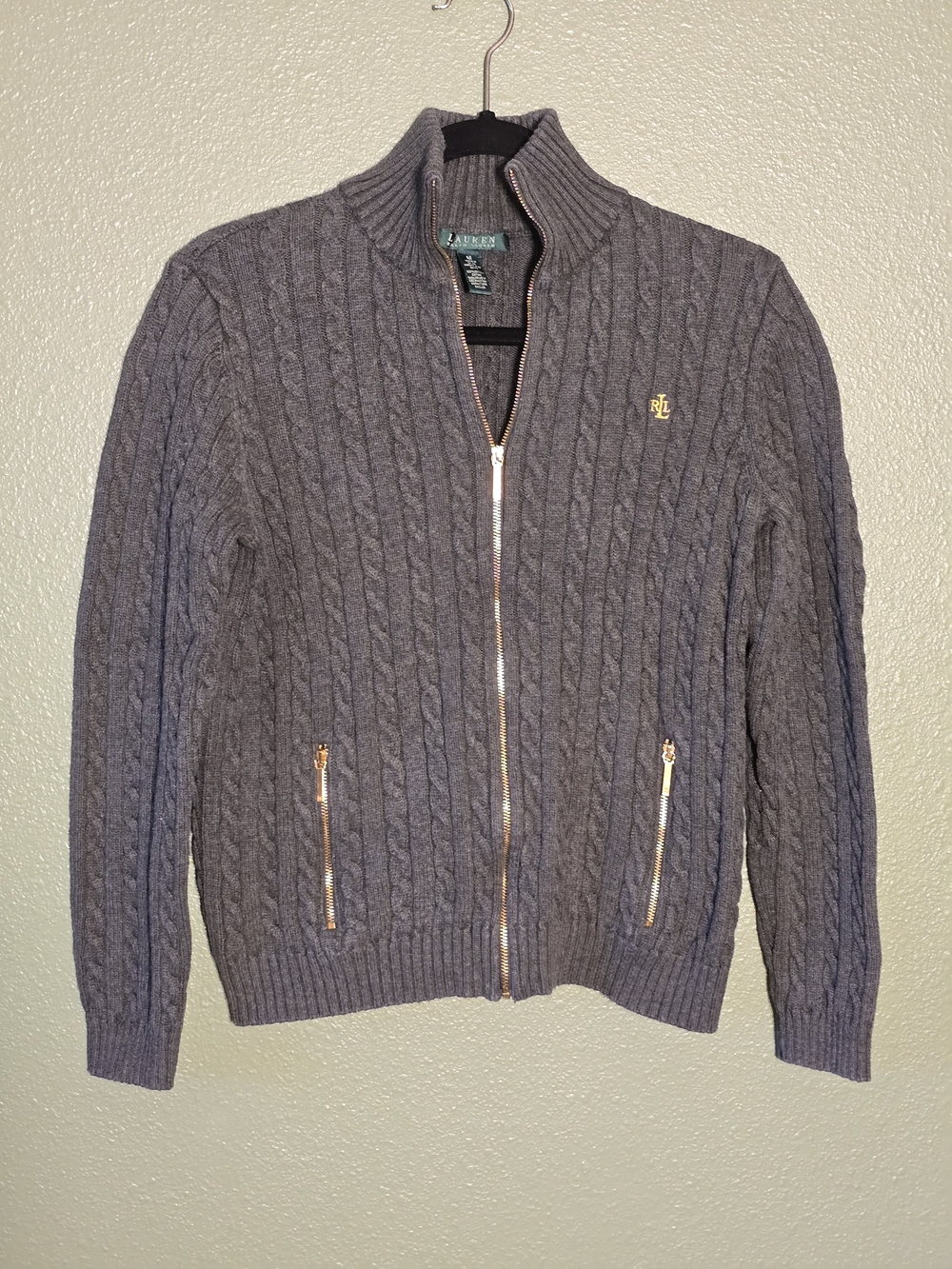 Lauren Ralph Lauren Gray Cable-Knit Full-Zip Sweater with Gold Hardware